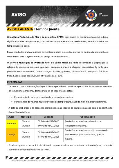 Divulga&ccedil;&atilde;o do Aviso Laranja &ndash; Persist&ecirc;ncia de Valores Muito Elevados de Temperatura (3 e 4 de julho de 2026)