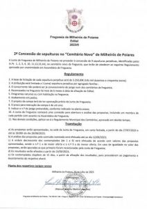 Edital - 9/2023 - 2ª Concessão de Sepulturas no Cemitério Novo" de Milheirós de Poiares