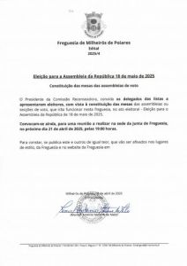 Edital 2025/4 - Reunião para constituição das mesas das assembleias de voto - Eleição para a Assembleia da República 18 maio 2025