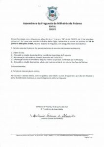 Edital - Assembleia de Freguesia de Milheirós de Poiares 26/06/2025
