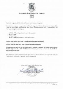 EDITAL 2025/9 -  Apresentação de propostas, lojas no Centro Comercial Dr. Crispim T. B. Castro