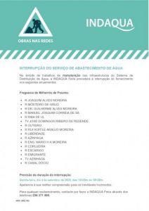 Interrupção do serviço de abastecimento de água - 4 setembro 2025 das 13:30h - 16:30h