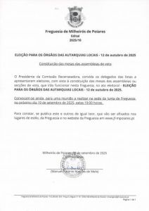 Edital 10/2025 - Constituição das mesas das assembleias de voto - Eleição para os órgãos das Autarquias Locais 12 outubro 2025