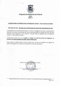 Edital 11/2025 - Alteração de data Reunião para Constituição das mesas das assembleias de voto - Eleição para os órgãos das Autarquias Locais 12 Outubro 2025