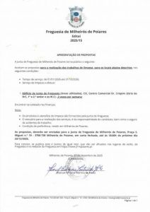 Edital 2025/15 - Apresentação de Propostas - Limpezas Edificio Junta Freguesia