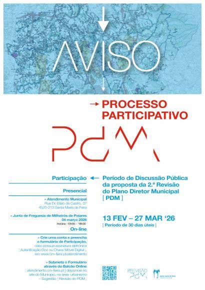 Aviso - Per&iacute;odo de Discuss&atilde;o P&uacute;blica da 2.&ordf; Revis&atilde;o do PDM - 13 FEV - 27 MAR `2026`(Per&iacute;odo de 30 dias &uacute;teis)