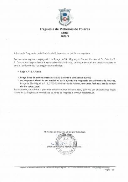 EDITAL 1/2026 - Apresenta&ccedil;&atilde;o de propostas loja n.&ordm; 12 - 1&ordm; piso