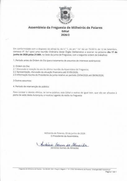 Edital 2026/2 - Assembleia de Freguesia 17-06-2026