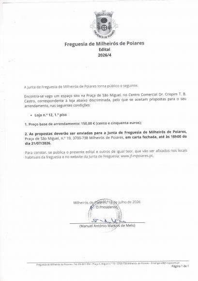 Edital 4/2026 - Apresenta&ccedil;&atilde;o de propostas loja n.&ordm; 12 - 1&ordm; piso