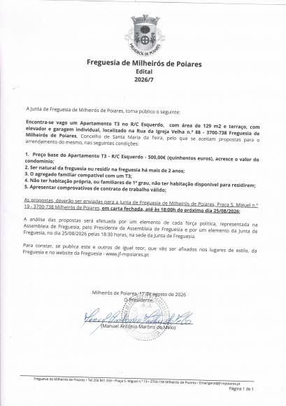  Edital 7/2026 - APRESENTA&Ccedil;&Atilde;O DE PROPOSTAS - Apartamento R/C Esquerdo - Rua da Igreja Velha