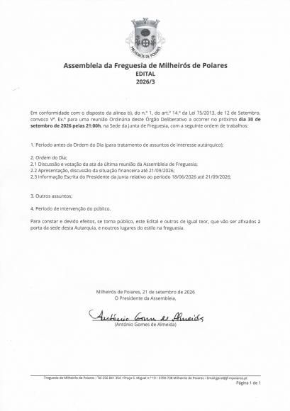 Edital 2026/3 - Assembleia de Freguesia 30-09-2026