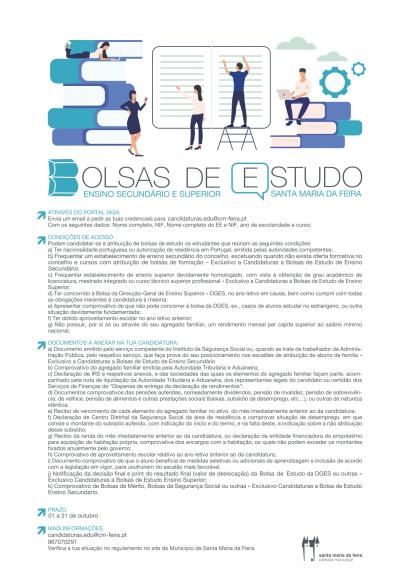 Encontram-se abertas, at&eacute; ao dia 31 de outubro, as candidaturas &agrave;s Bolsas de Estudo do Munic&iacute;pio de Santa Maria da Feira