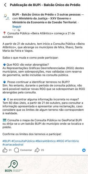 Consulta P&uacute;blica &ldquo;Beira Atl&acirc;ntico&rdquo; A Consulta P&uacute;blica "Beira Atl&acirc;ntico" est&aacute; em curso e visa permitir aos cidad&atilde;os e propriet&aacute;rios a valida&ccedil;&atilde;o das Representa&ccedil;&otilde;es Gr&aacute;ficas Georreferenciadas (RGG), bem como a submiss&atilde;o de reclama&ccedil;&otilde;es relativas aos limites d