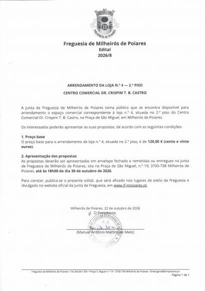 Edital 8/2026 - Apresenta&ccedil;&atilde;o de propostas loja n.&ordm; 4 - 2&ordm; piso