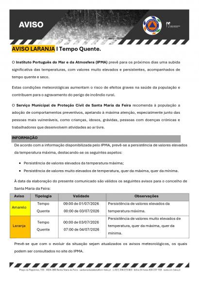 Divulga&ccedil;&atilde;o do Aviso Laranja &ndash; Persist&ecirc;ncia de Valores Muito Elevados de Temperatura (3 e 4 de julho de 2026)